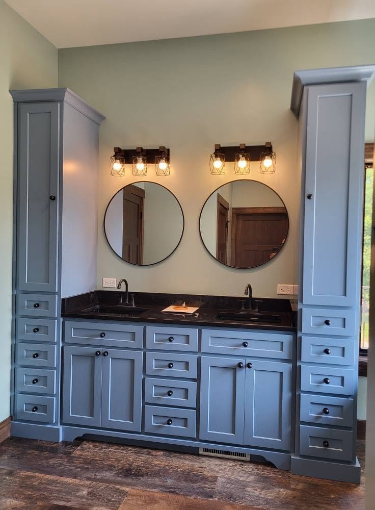 Custom double bathroom vanity with tall storage cabinets in Valparaiso, Indiana